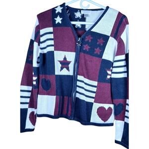 VTG Christopher & Banks Patriotic Patchwork Zip Cardigan Womens M